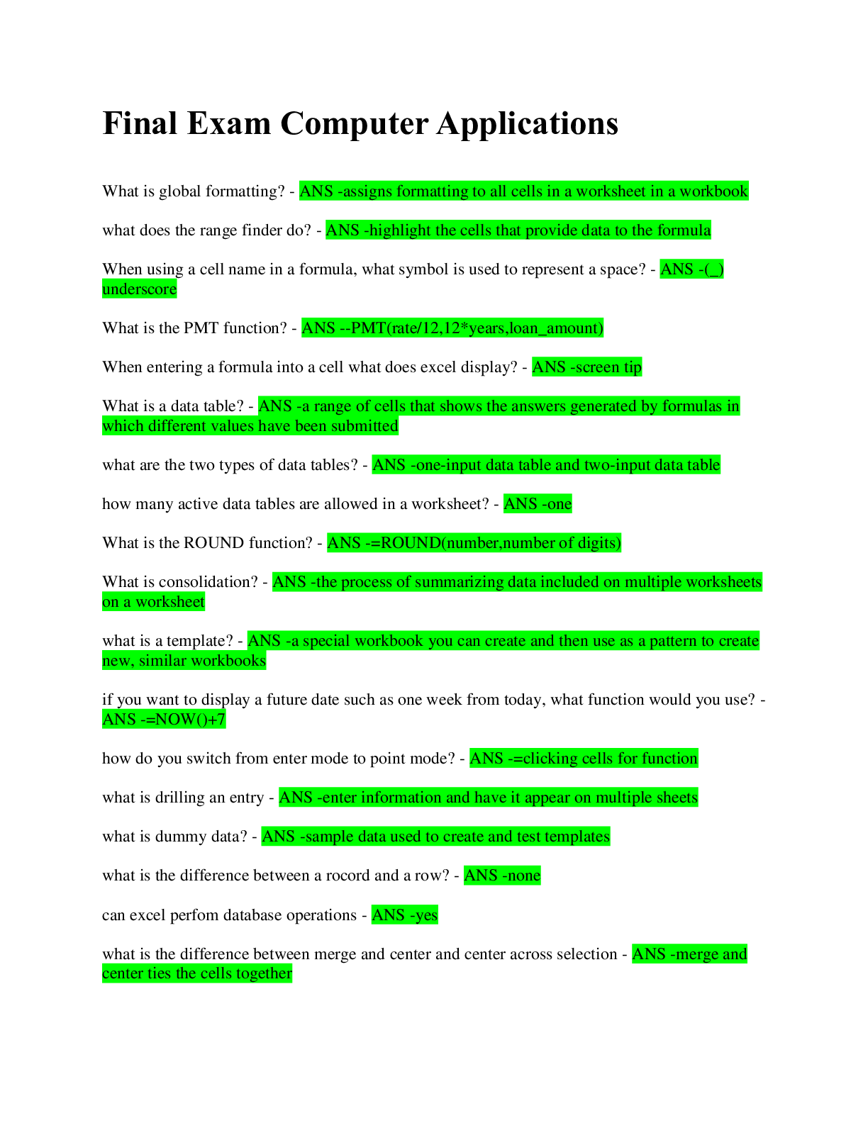 Preview image for Final Exam Computer Applications / WITH COMPLETE SOLUTIONS